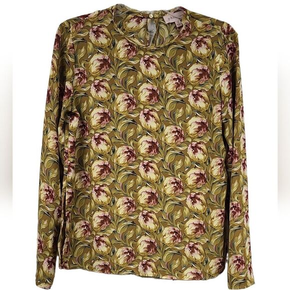 Philosophy Blouse Gold Floral Fringe Crewneck Long Sleeve Side Slit Boho Top - Picture 13 of 13